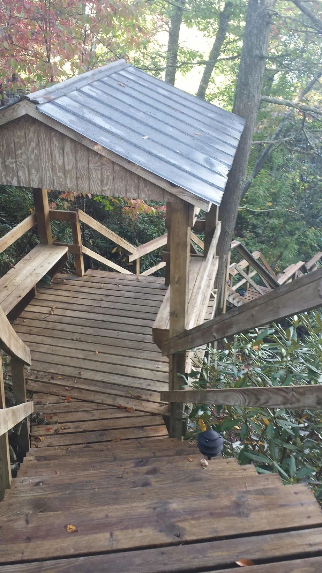 Metal roofed shelter over wooden steps on a wooded walkway — Skylight Repair & Installation work by our crew in Lakemore